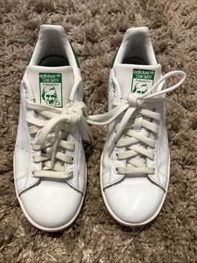 adidas White Leather Sneakers with Green Heel and Tongue Logos
